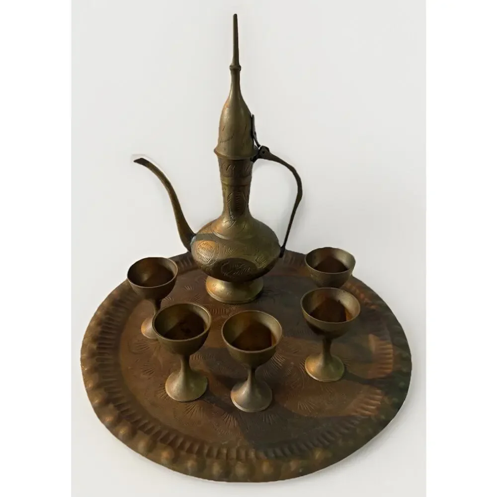 Antique Brass Tea Set w/ Tray & Teapot, Round Gold/Brown, Engraved Finish